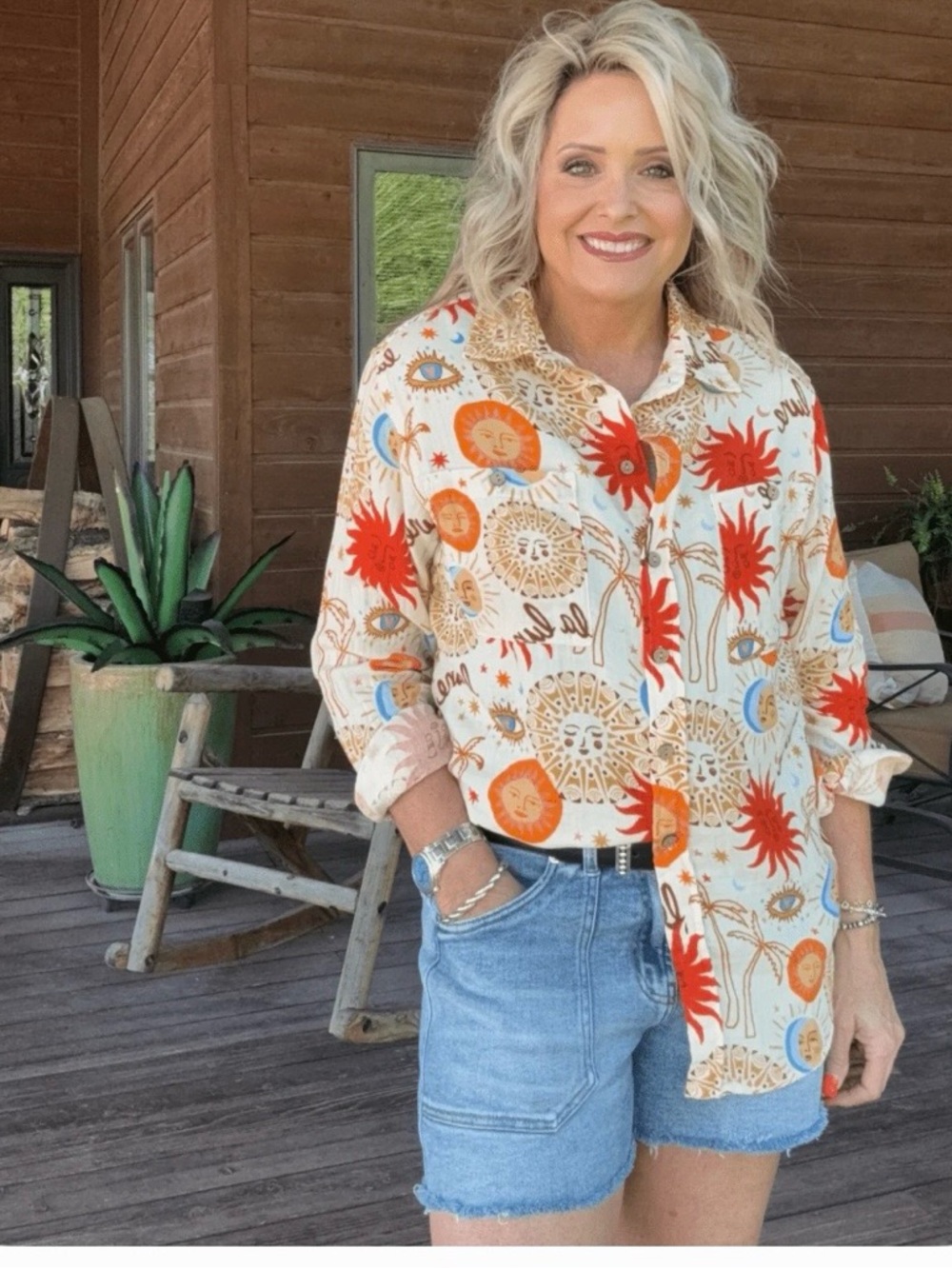 Ivy Jane Colorful Sun & Moon Print Button-Up Shirt Cotton Summer Gauzy Boho - Picture 12 of 13